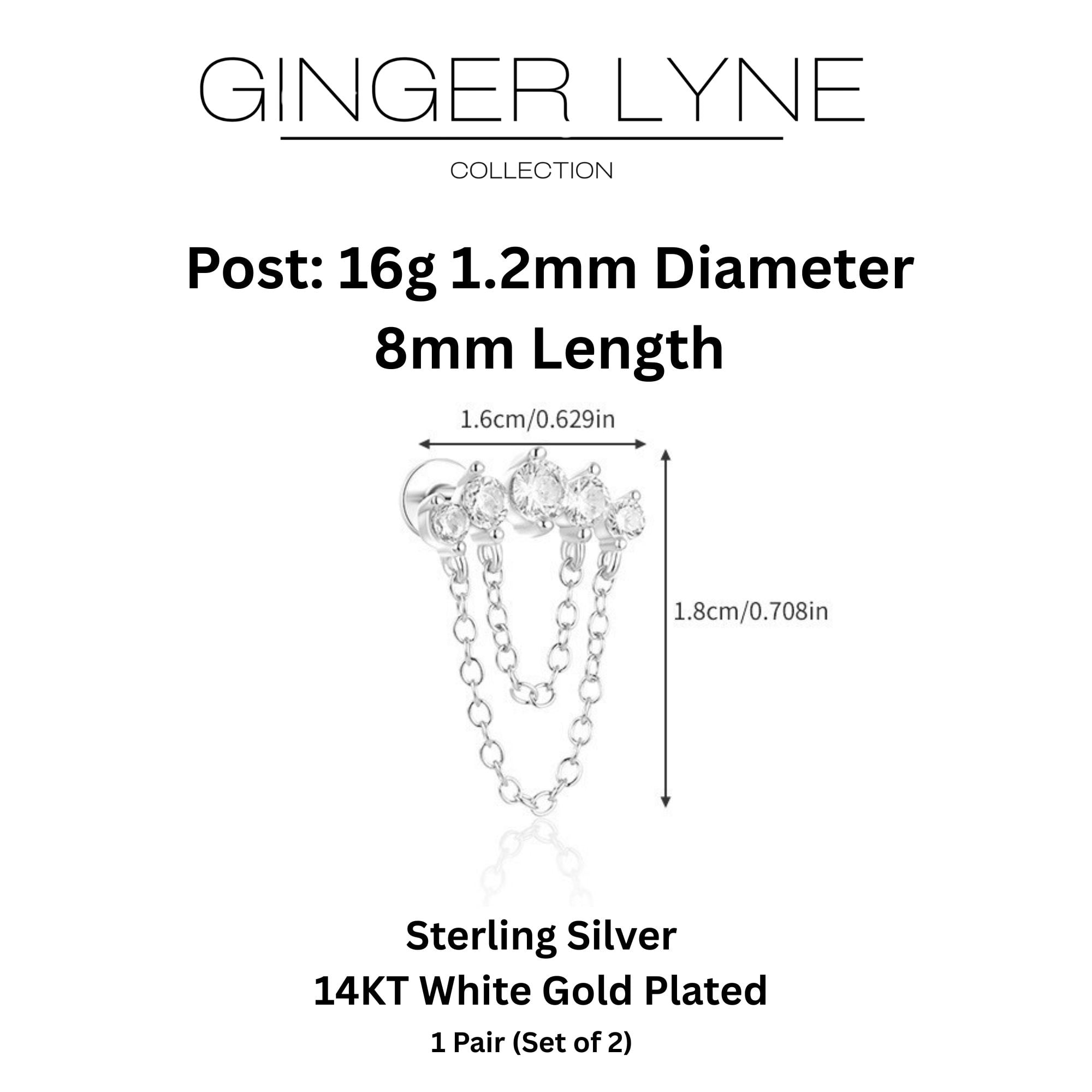 Crawler with Chains CZ Flat Back Earrings 16g Cartilage Helix Tragus Lobe Sterling Silver 1 pair by Ginger Lyne