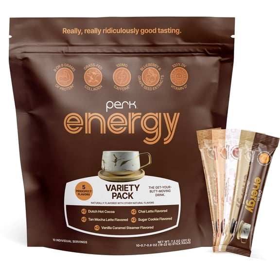 Perk Energy Drink Mix (Variety Pack) 10 Stick Packs - Caffeinated Healthy Coffee Alternative with Protein, 100mg of Caffeine, Gluten-Free, Soy-Free, Peanut-Free