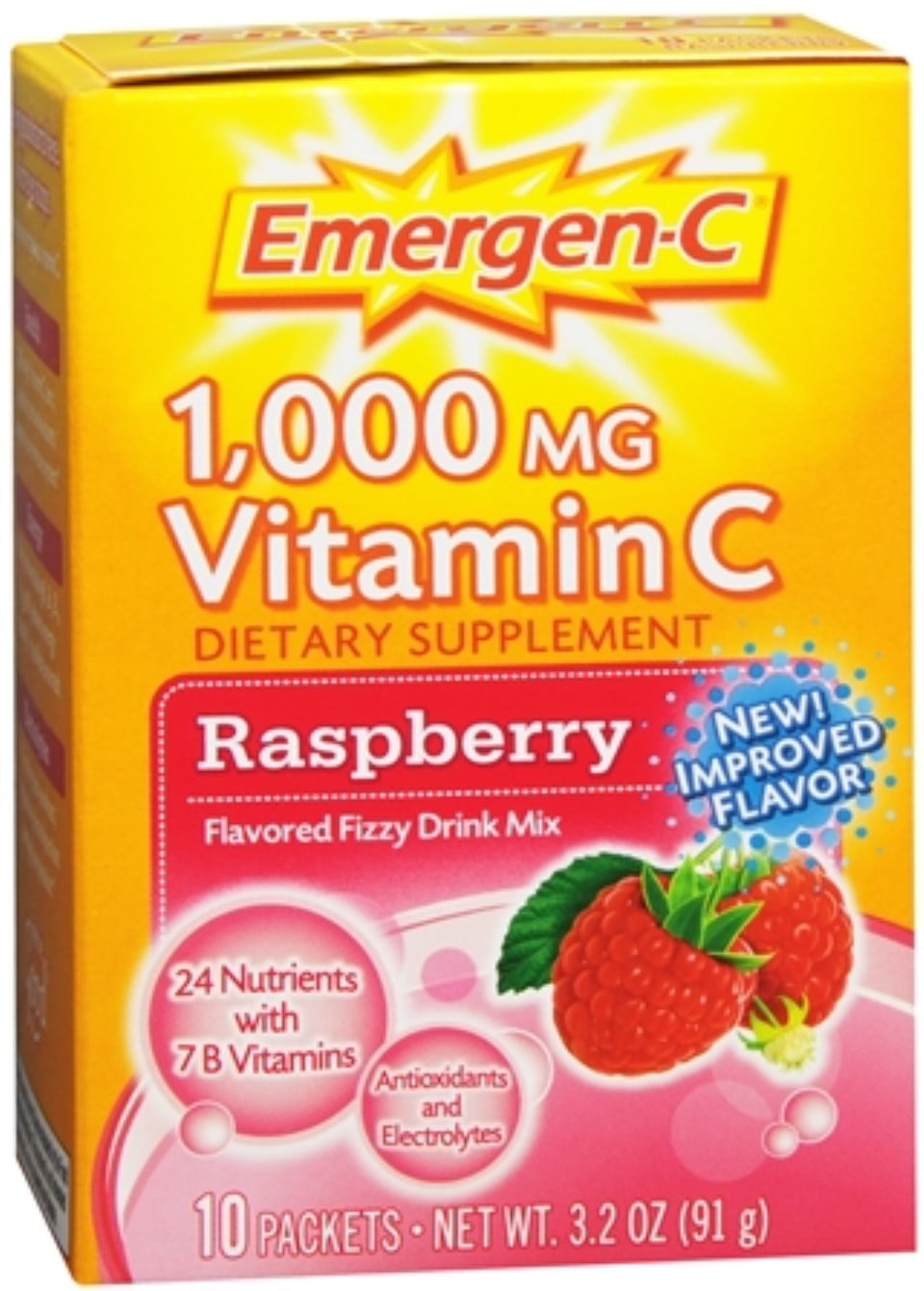 Emergen-C 1,000 mg Vitamin C Drink Mix Packets Raspberry 10 Each (Pack of 2)