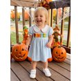 thumbnail image 5 of RUINIXCW Toddler Baby Girl Halloween Dress Outfit Kids Baby Girl Summer Fall Dress Clothes Pumpkin Ghost Letter Embroidery Doll Collar Short Sleeve Striped Dress, 5 of 9