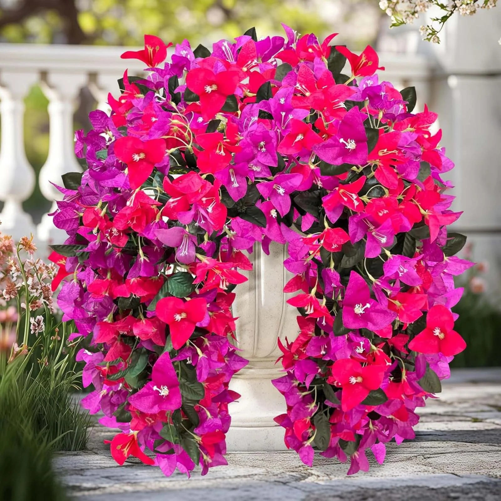 1Pc Artificial Fake Bougainvillea Flowers for Outdoors Decoration,Plastic Long Trailing Vines Fake Flowers,Realistic Silk Flowers for Front Porch,Patio,Garden,Window Boxes & Hanging Baskets