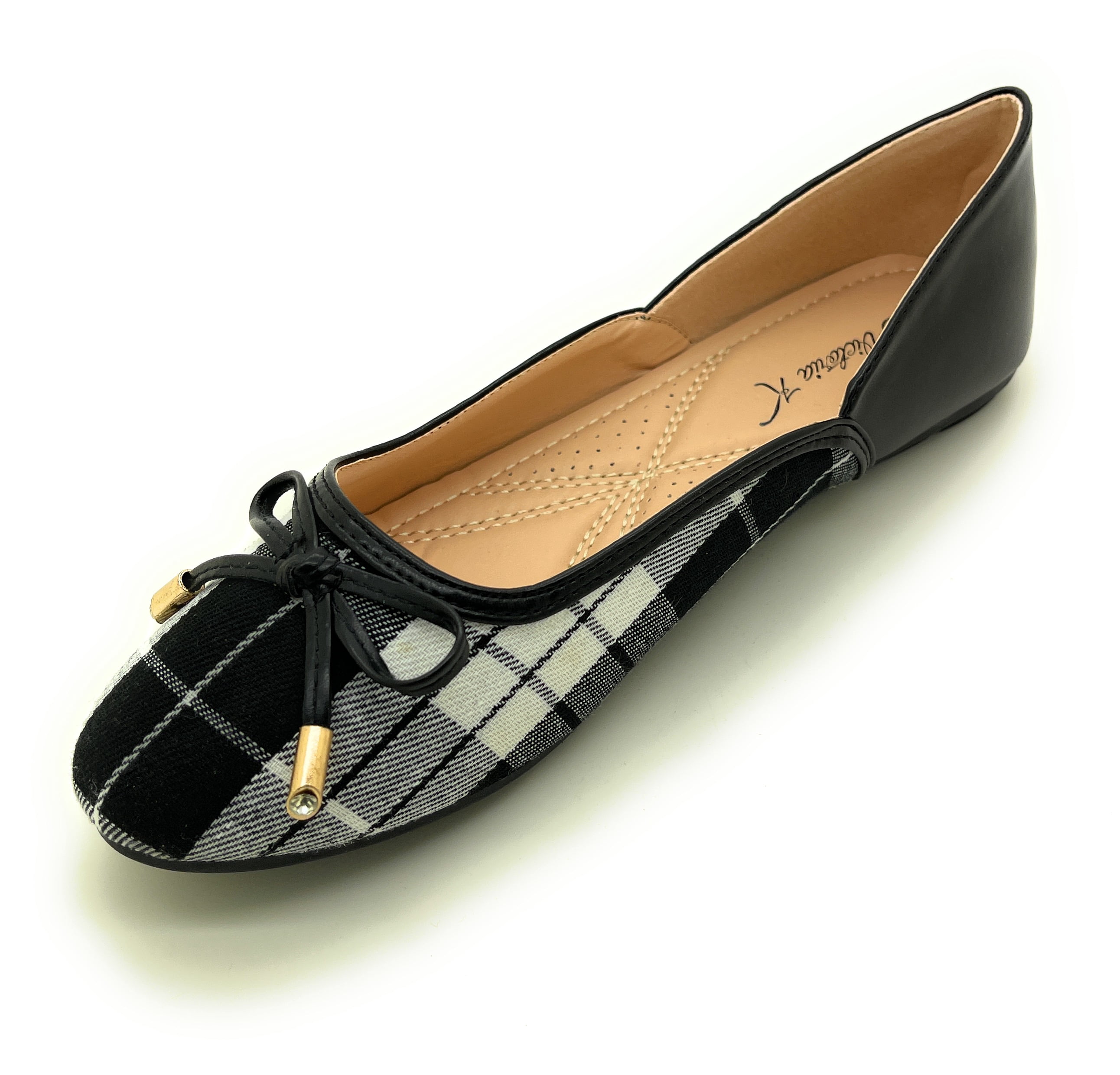 Two Tone Plaid with Solid Bow Ballerina Flats