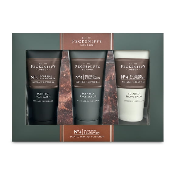Pecksniff’s Men’s Trio Face Collection – Bourbon & Mandarin – Face Wash, Face Scrub & Shave Balm Gift Set, 3 x 75ml