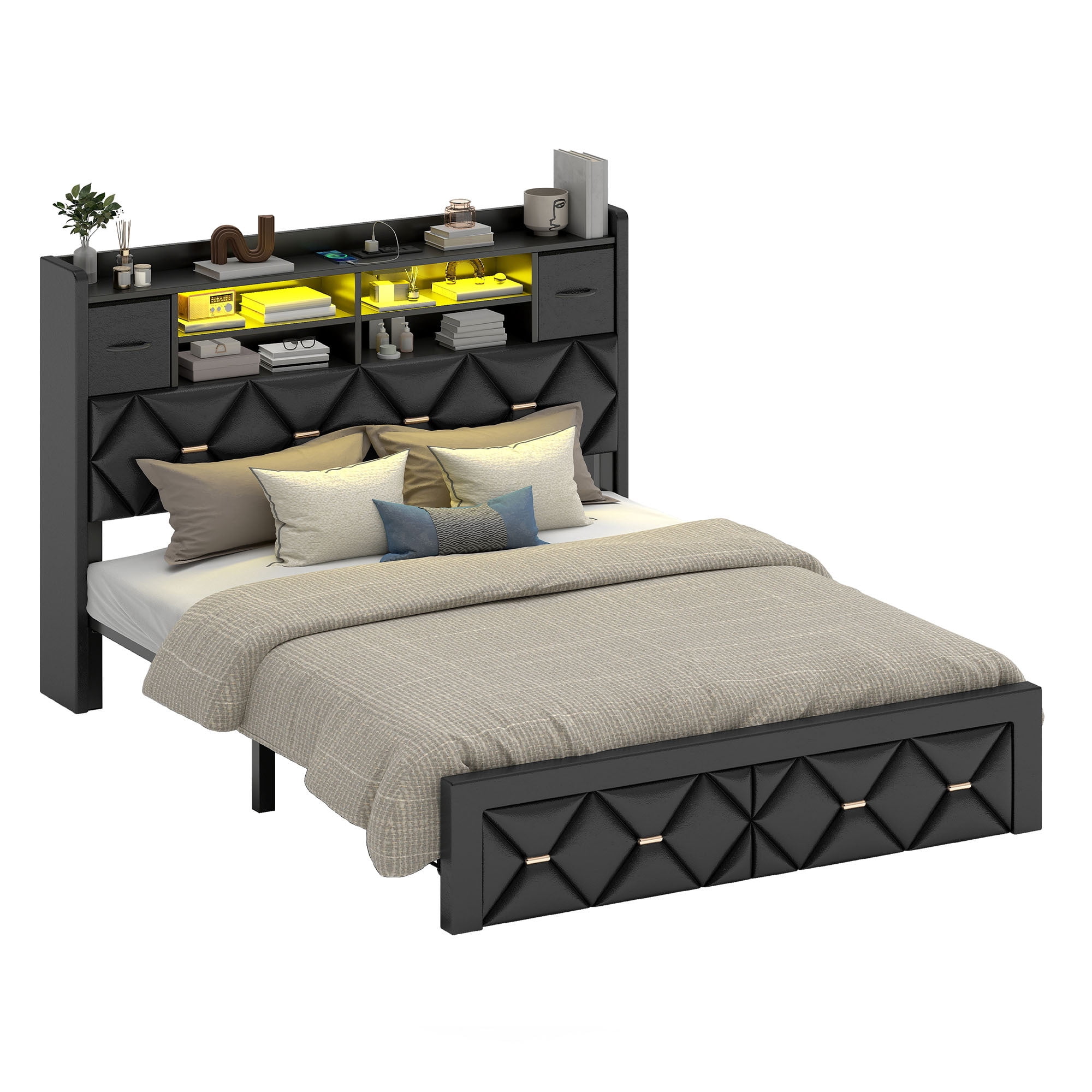 Uforic Full Size Bed Frame with Storage & Power Outlets, PU Leather Bed Frame with LED Lights, Black