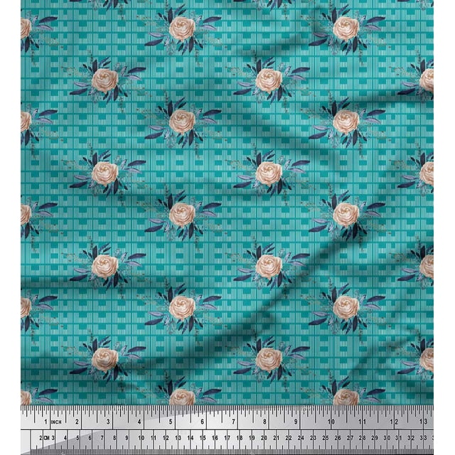 Soimoi Green Rayon Fabric Geometric & Roses Floral Printed Fabric 1 Yard 58 Inch Wide