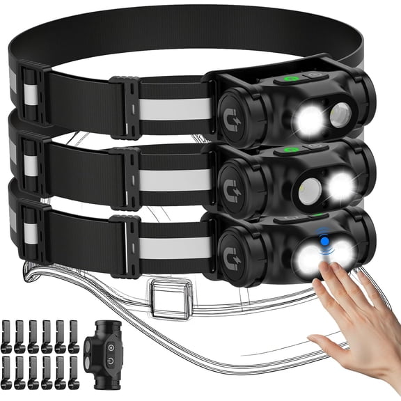Rechargeable Headlamp 3PCS, High Lumens Bright Head Lamp Led with Motion Sensor, 4 Modes, Magnet, Detachable Flashlight & Headband for Adult,Running,Outdoor,Emergency,Hard Hat Light