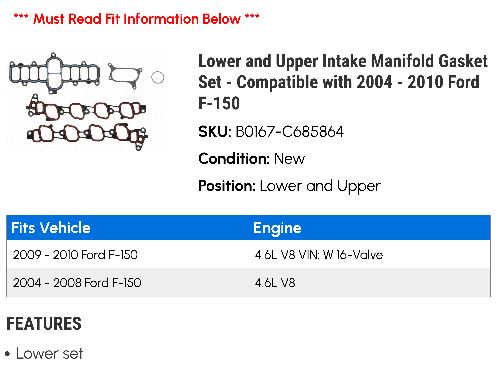 Lower and Upper Intake Manifold Gasket Set - Compatible with 2004 - 2010 Ford F-150 2005 2006 2007 2008 2009