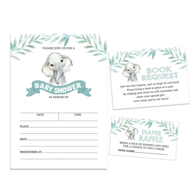 Inkdotpot Set Of 30Baby Shower Invitations-Diaper Raffle Tickets And Baby Shower Book Request Cards Baby Elephant Gender Neutral Invites Its A Boy Its A Girl