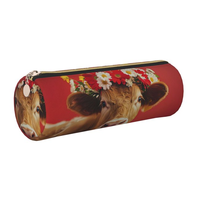 Disketp White And Red Daisy Cow Estuche Organizador de Lápices de Cuero, Estuche de Oficina con Cremallera para Bolígrafo y Lápiz