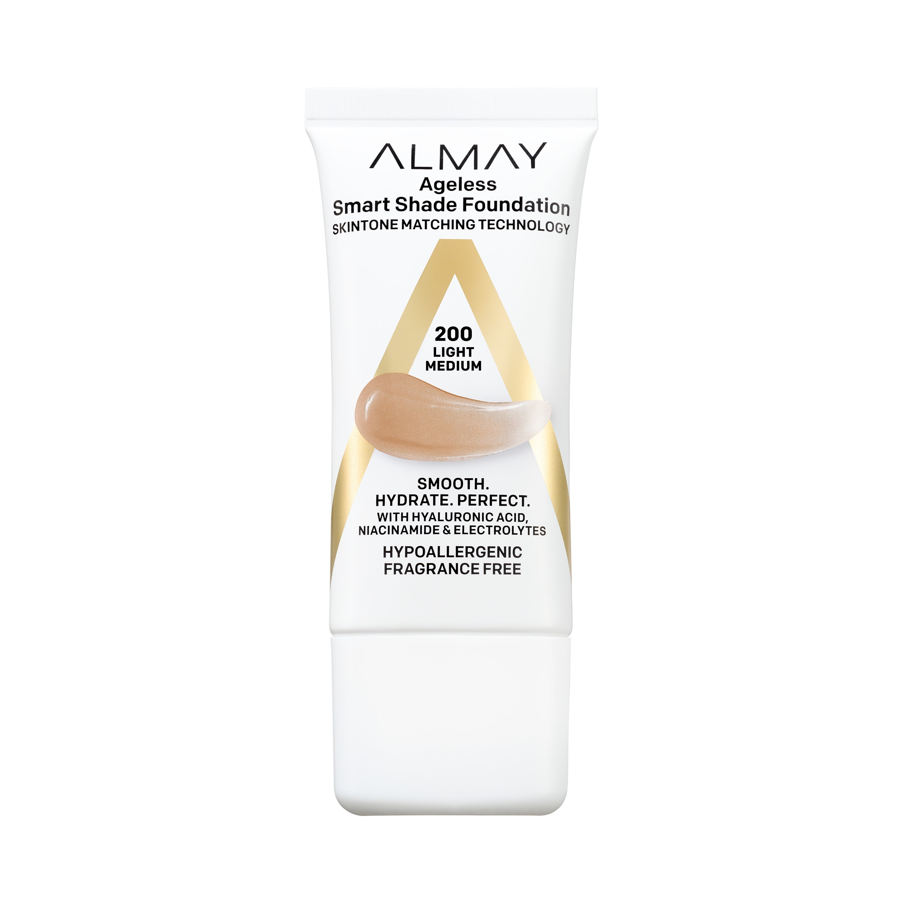 Almay Anti-Aging Foundation by Almay, Smart Shade Face Makeup with Hyaluronic Acid, Niacinamide, Vitamin C & E, Hypoallergenic, Fragrance Free, 200 Light Medium, 1 Fl Oz, 200 Light Medium, 1 fl oz.