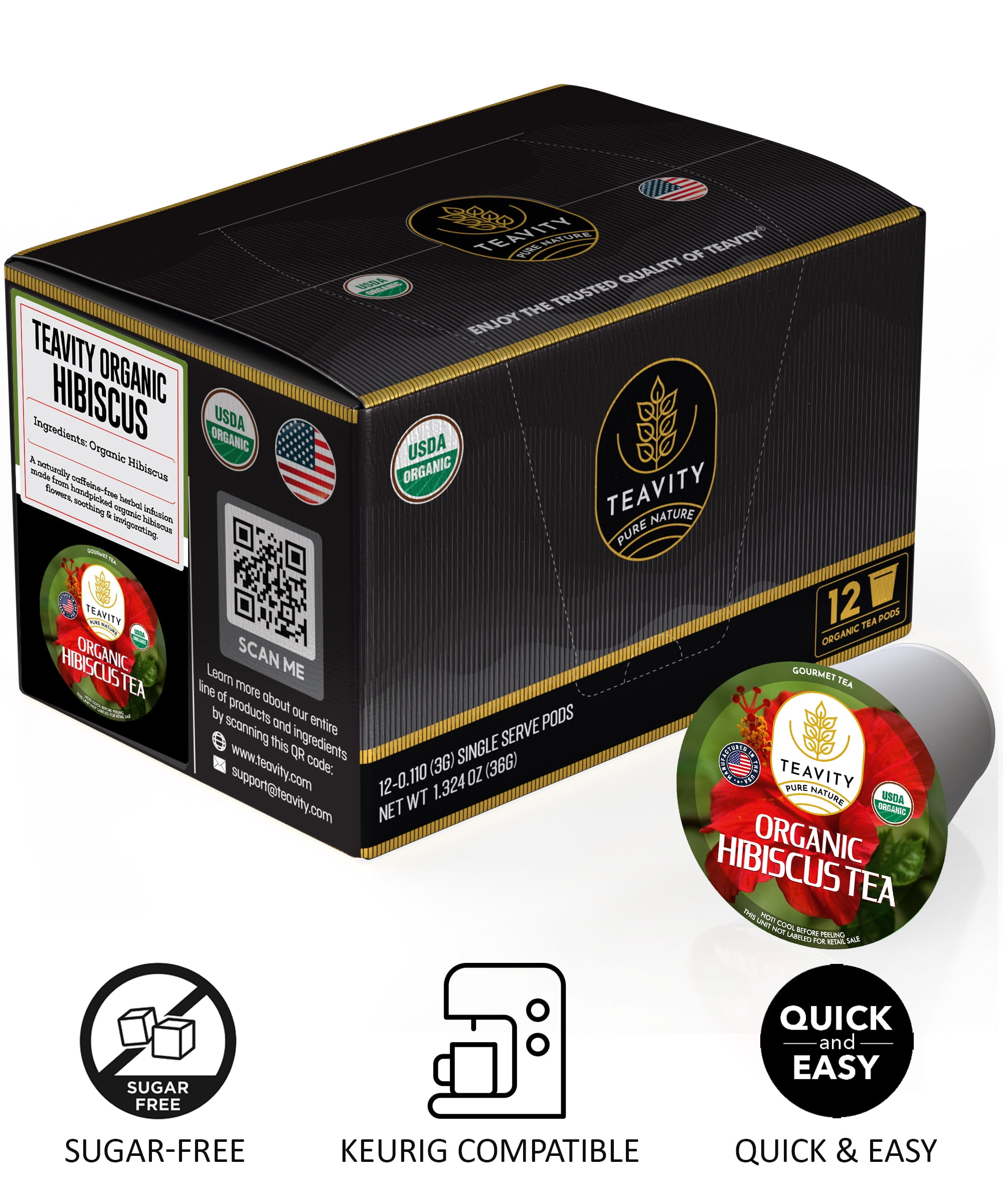 Organic Hibiscus Sabdariffa Tea Pods for Keurig Brewers by Teavity - Naturally Decaffeinated, 24 Tea Pods