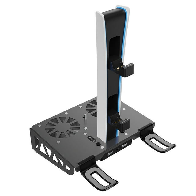 All-in-One PS5 Wall Mount Cooling Fan Stand - Dual Controller Charging Station with Headphone Hook, Compatible with PS5 Pro/PS5 Slim/Original PS5