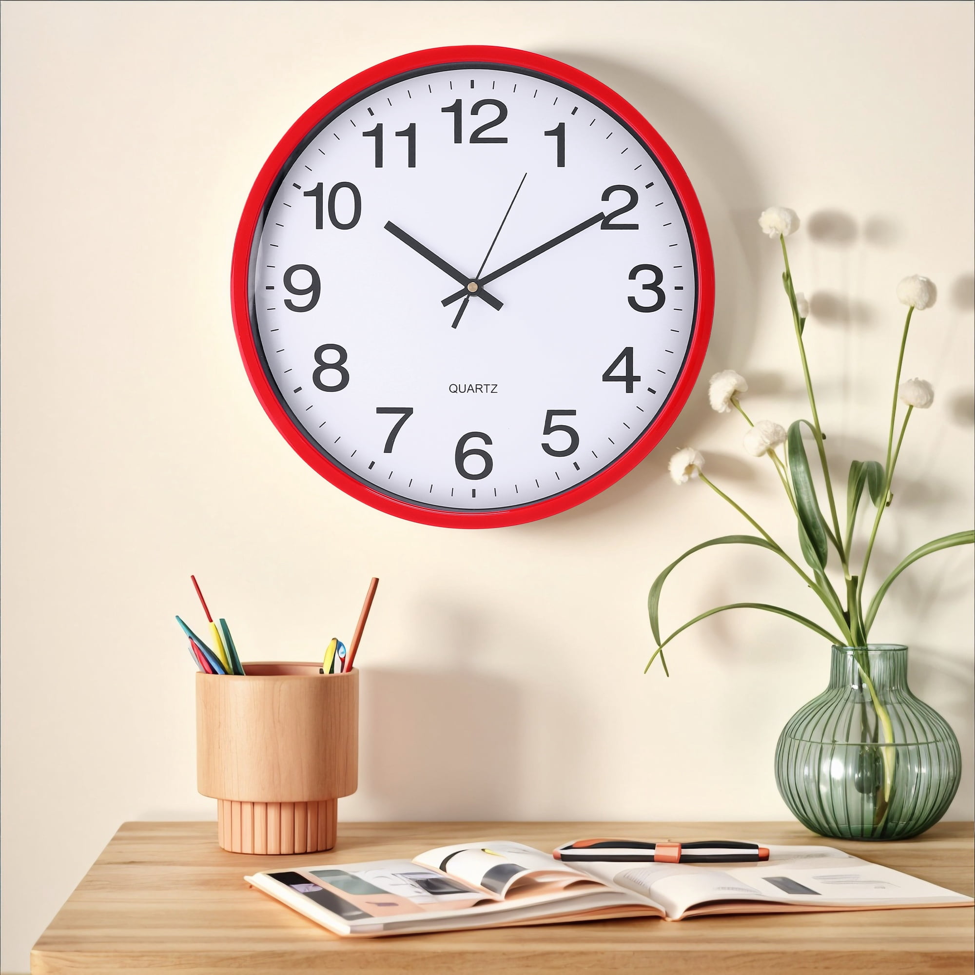 Unique Bargains Silent Non-Ticking Wall Clock with Big Numbers Red