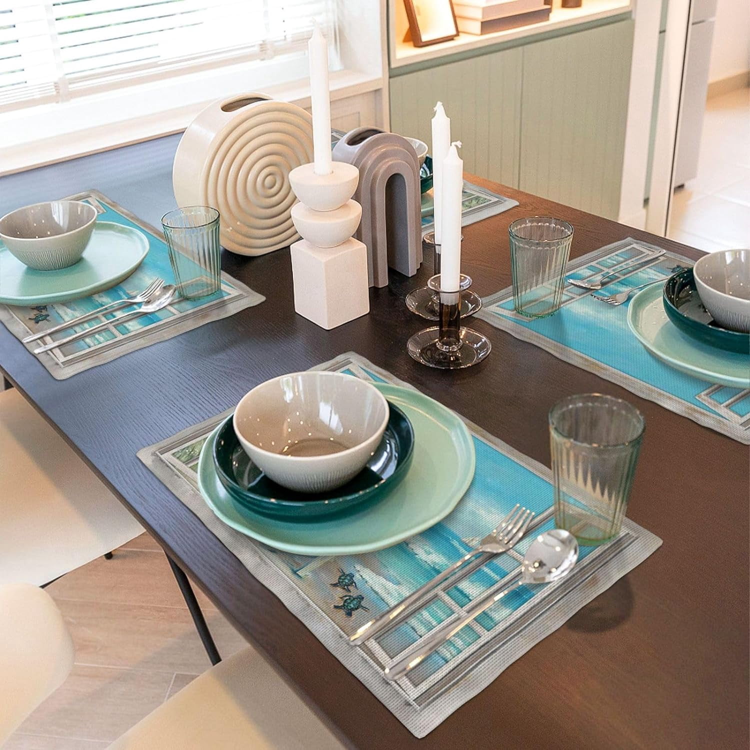 Coastal Beach Placemats Set of 4 Seascape Ocean Table Mats Washable Place Mats for Home Party Indoor Kitchen Dining Table Decoration 12x18 Inch