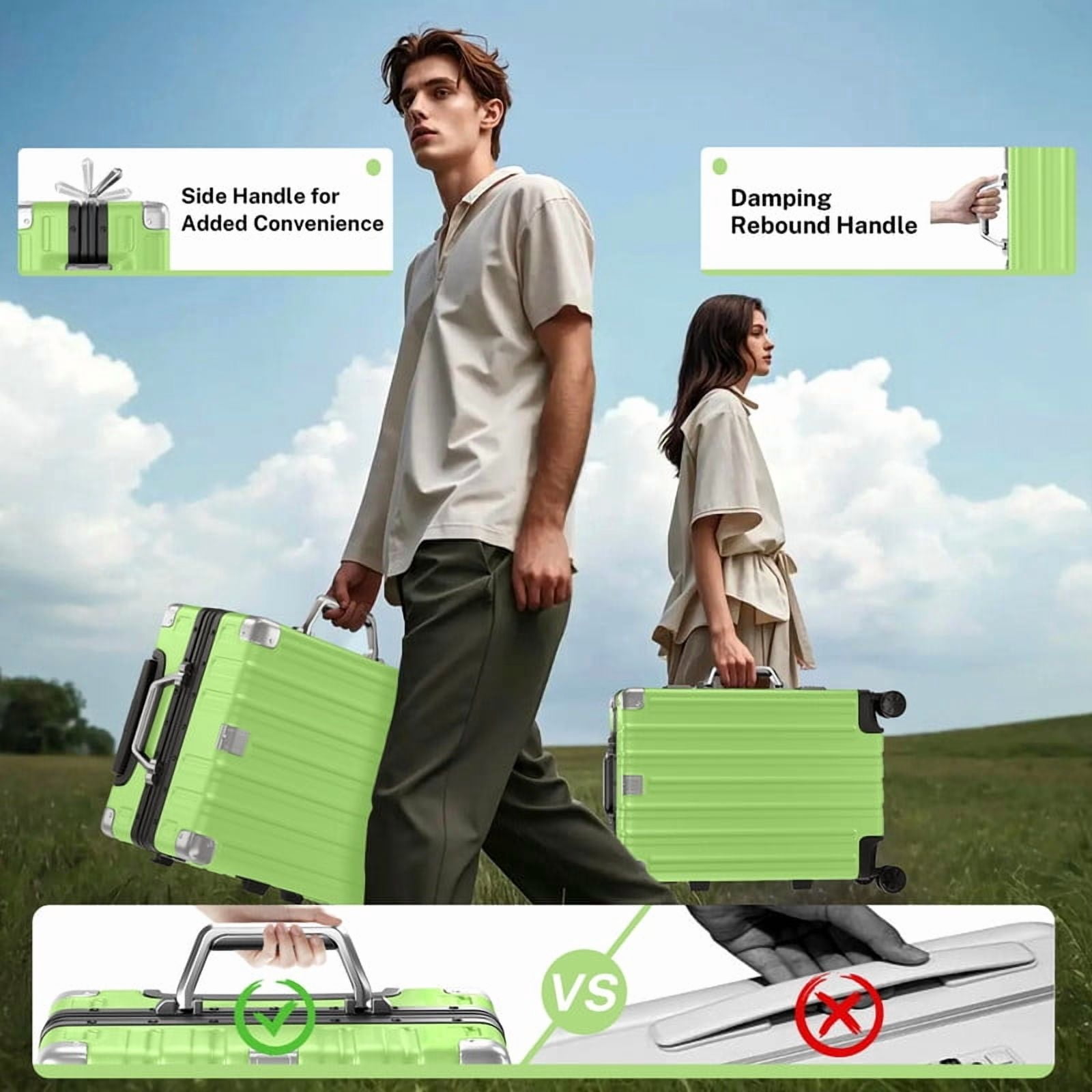 Checked Luggage Aluminum Frame Suitcase with Wheels PC ABS Hardside Zipperless with TSA Lock 24 Inch Green