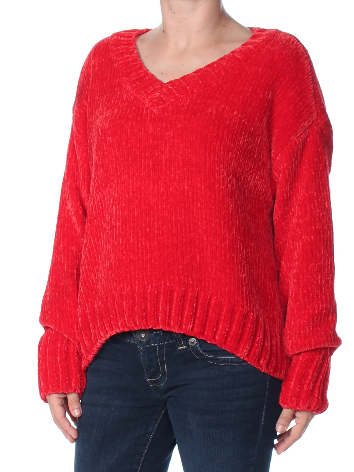 Sanctuary SANCTUARY Womens Red Chenille Long Sleeve V Neck Sweater