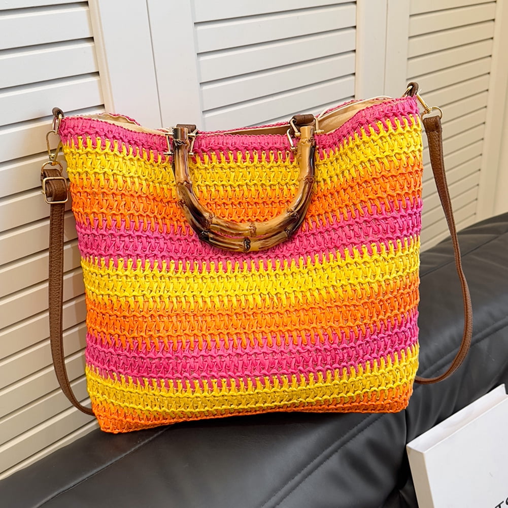 Women Straw Woven Handbag Drawstring Tote Clutch Bags for Seaside (Multicolor) Shoulder Bags for Women