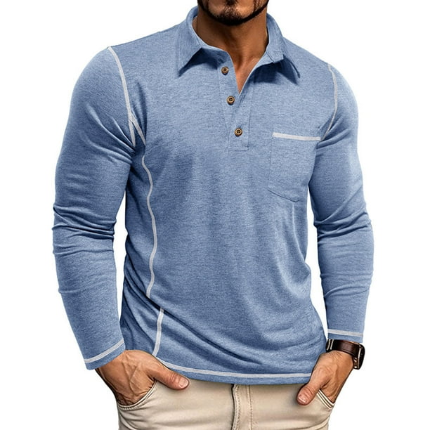 Blusa y camisa de manga larga con cuello vuelto para hombre, color liso, informal, de moda, para negocios, con botones y solapa, de poliéster.