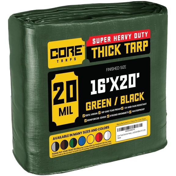Core Tarps 20 Mil Heavy Duty Tarp Tarpaulin Waterproof Cover, Green/Black 16' x 20'