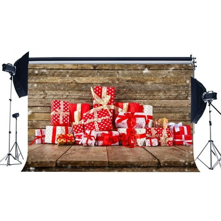 Image of MOHome 7x5ft Photography Backdrop Merry Christmas Xmas Gifts Bokeh Falling Snowflakes Vintage Stripes Wood Floor Backdrops for Baby Kids Adults Happy New Year Background Photo Studio Props