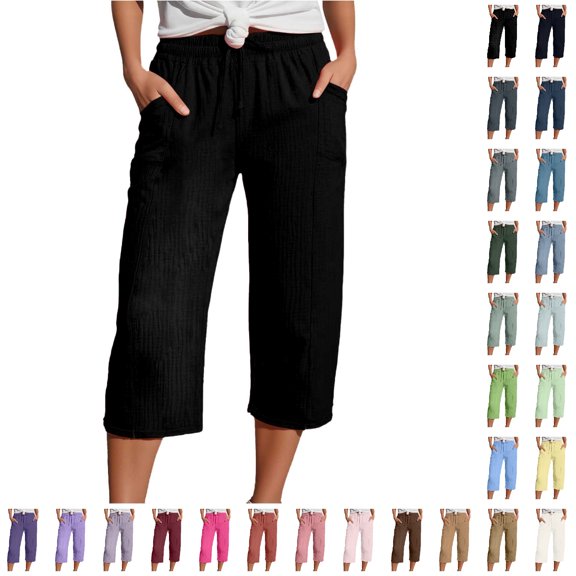Bmisegm Women Capri Pants Wide Fit Elastic Waist Pocket Straight Leg Cropped Trousers with Pockets Casual Loose Comfy Womens Pants Black_001 XXXXXL
