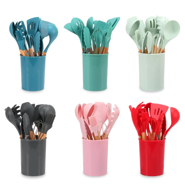 Utensilios de cocina de silicona con mango de madera multicolor, pala antiadherente para ollas y sartenes individuales