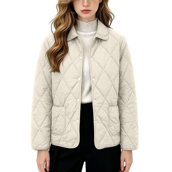 Women Jacket 2XL-5XL Quilted Barn Jackets Fall Winter Fashion Coats Causal Outerwear Button Down Solid Color Padded Coat Ladies Jacket White L