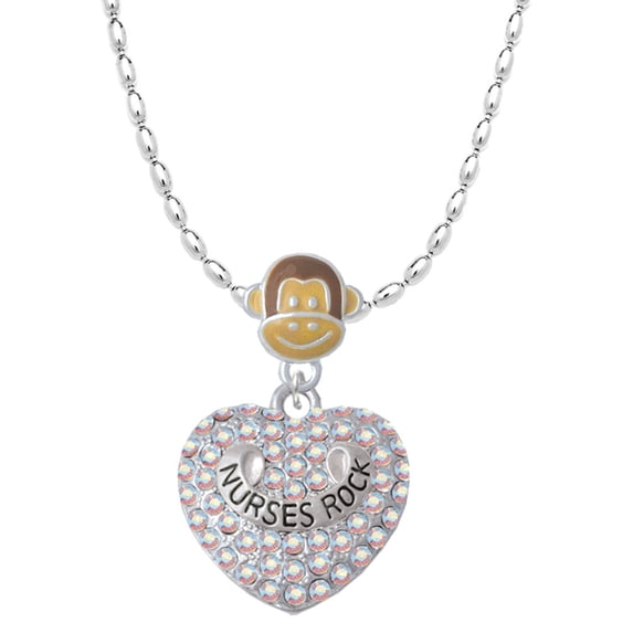 Delight Jewelry Silvertone Nurses Rock on AB Crystal Heart Mia Monkey Charm Necklace
