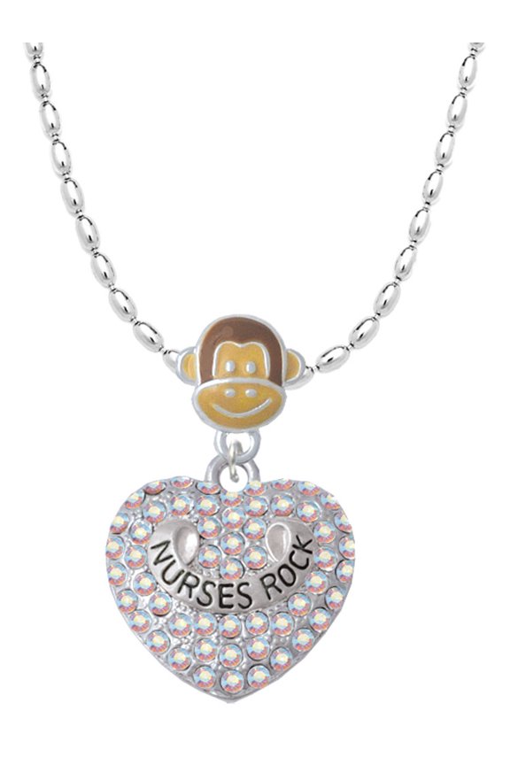 Silvertone Nurses Rock on AB Crystal Heart Mia Monkey Charm Necklace