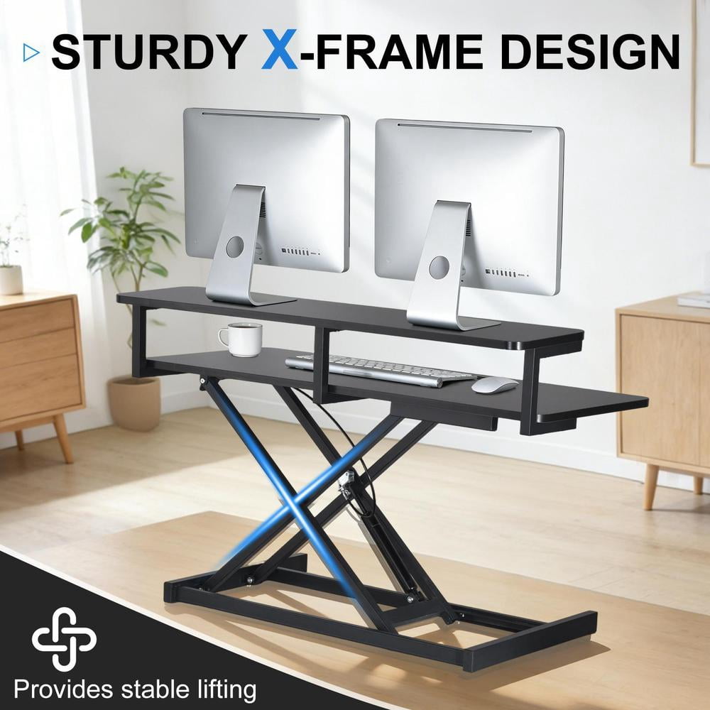 37 inch Desk Converter, Height Adjustable Sit to Stand Riser, Monitor and Laptop Workstation with Wide Keyboard Tray, Black