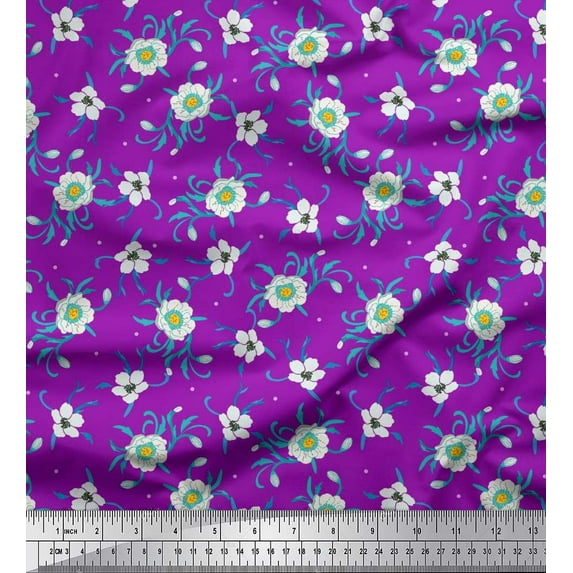 Soimoi Satin Silk Fabric Leaves & White Flower Floral Print Fabric by the Yard 42 Inch Wide