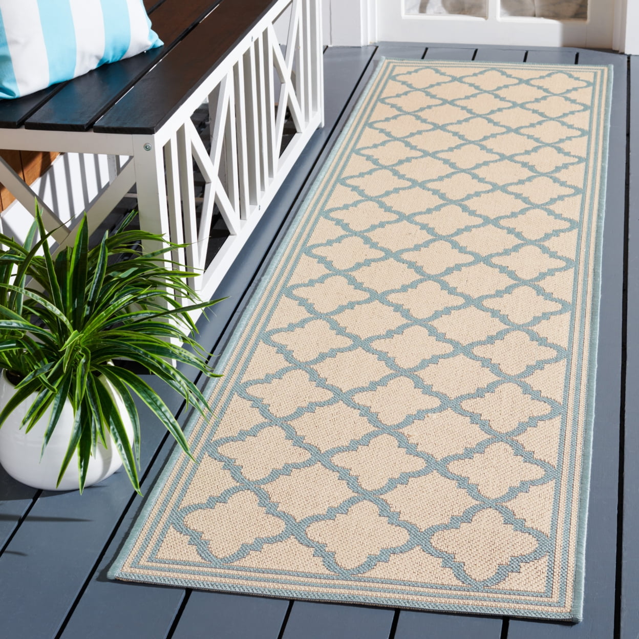 SAFAVIEH Beach House Nima Trellis Indoor/Outdoor Area Rug Cream/Aqua, 6'7" x 6'7" Square