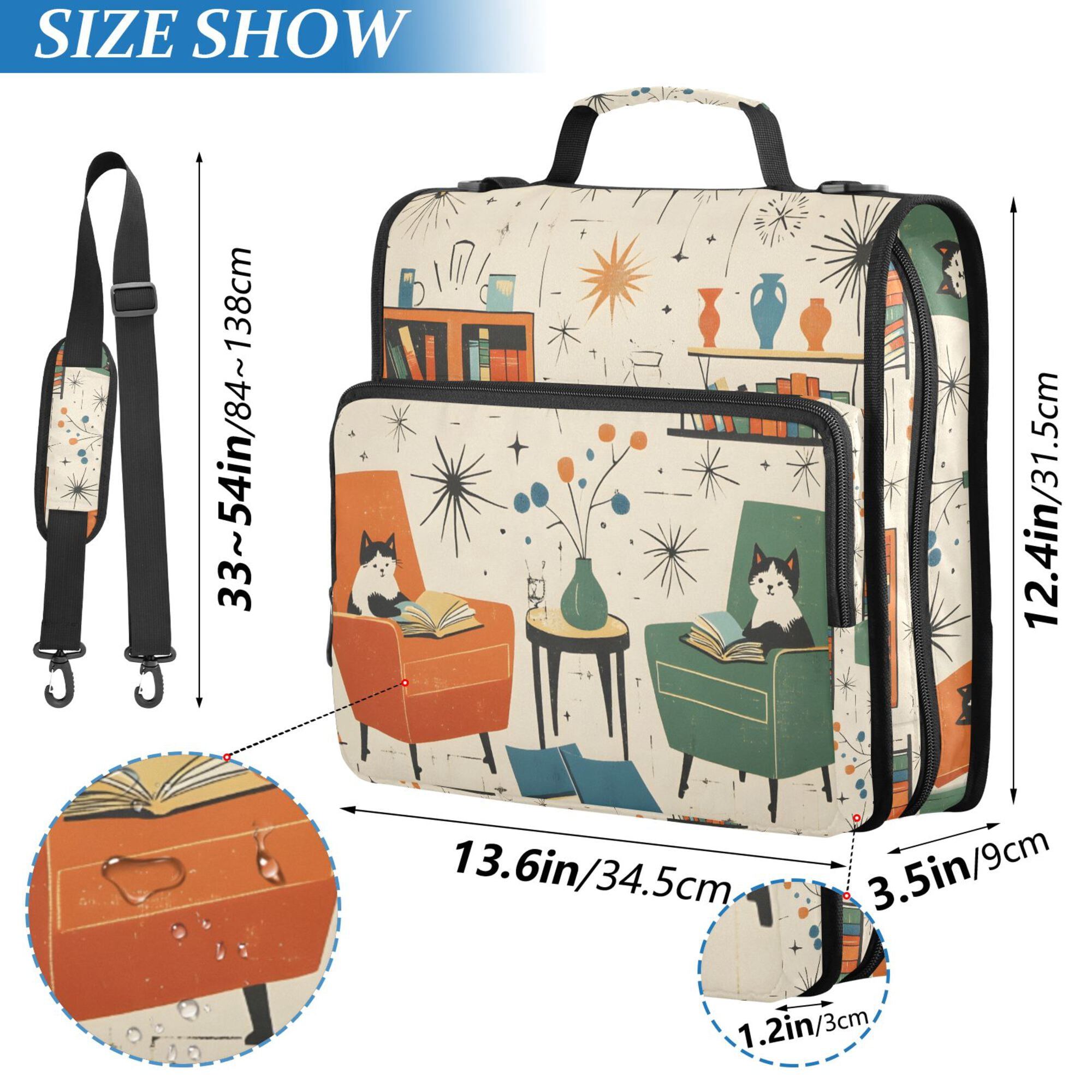 FORMRS Zipper Binder with Shoulder Strap 2-inch Ring 500 Sheet Capacity File Bag, Beige Cats Reading