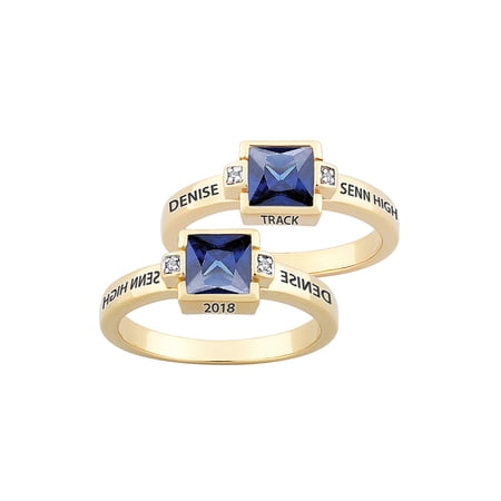 Freestyle, Women's 18kt Gold Plated Sterling Silver Square Birthstone & Diamond Class Ring, Personalized, High School or College Graduation