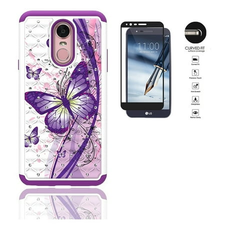 Rhinestone Case Cover Protector (Phone Case for LG Stylo 4, LG Stylus 4, Studded Rhinestone Diamond Bling Cover Case + Tempered Glass Screen Protector (White-Purple)