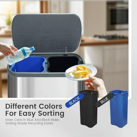 Kitchen Trash Can 16 Gallon, 2 x 30 Liters Trash and Recycle bin Combo, Dual Compartment & Soft Close Lid, Stainless Steel Trash Can, Fingerprint-Proof, 60L Pedal Recycling Bin