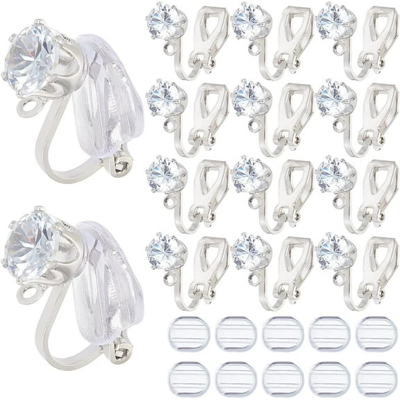 1 Box 32Pcs Earring Converter Silver Clip on Earrings Back Brass Triangle Earring Component with Crystal Rhinestone and Pads Non Pierced Earring Clips for Jewelry Making Supplies DIY Women