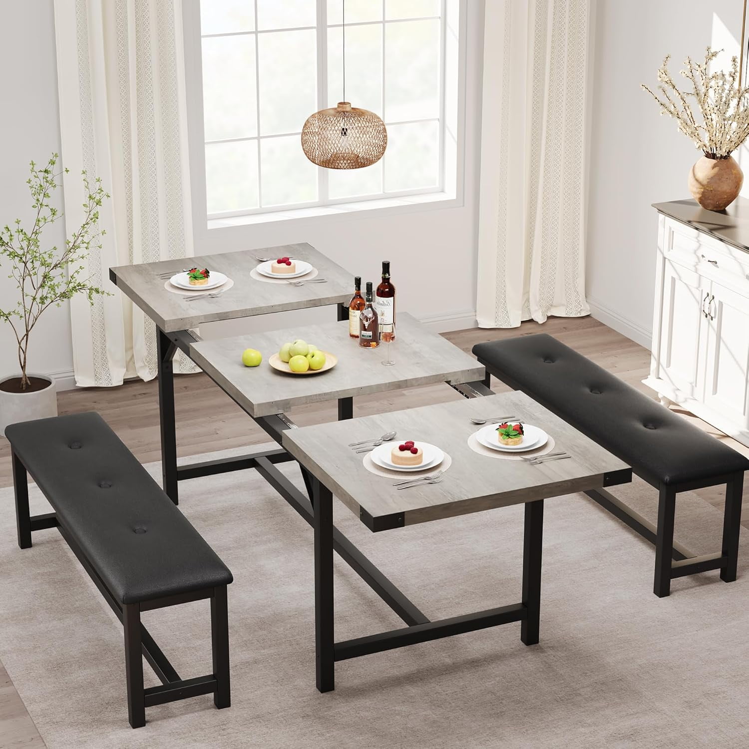 Extendable Dining Table for 4-6 Person,Wooden Dining Room Table,Modern 63" Extendable Table with 2 Upholstered Benches for Gatherings,Meeting for Small Kitchens Dining Office Areas