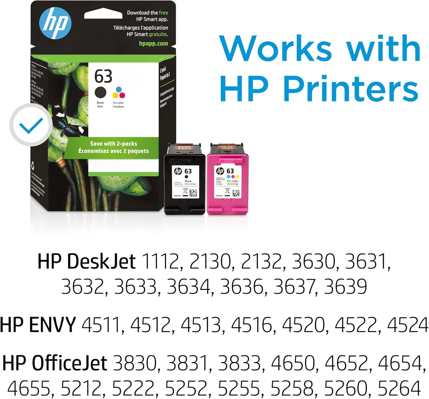 HP 63 Black, Tri-Color Ink Cartridge Printers (2-Pack), L0R46AN F6U61AN  F6U62AN Works with DeskJet 1112, 2130, 3630 Series; Envy 4510, 4520 (Sold Without Manufacturer Warranty)