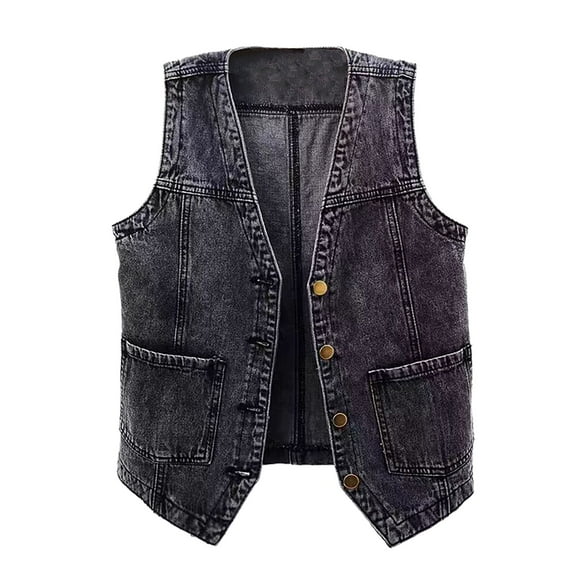 MaFYtyTPR Women's Denim Tank Tops Fashion Solid Color Versatile Button V-neck Camisole Jacket with Pockets Black L