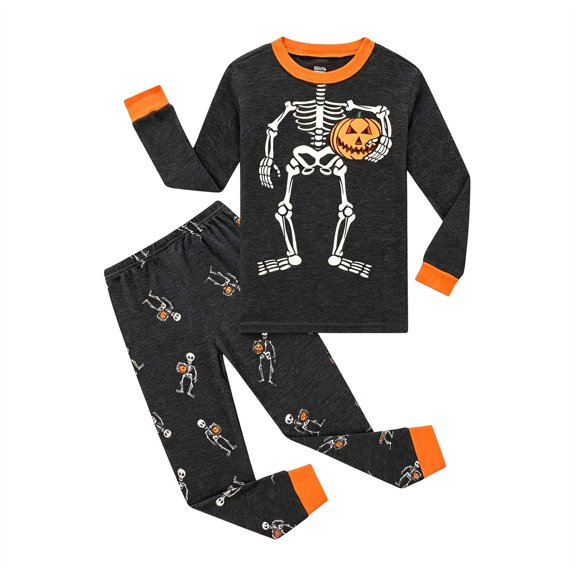 XAOFW Boys Girls Halloween Pajamas Pumpkin Skeleton Print Long Sleeve Tops Pants Toddler Kids Fall Winter Cozy Sleepwear 2-3 Years