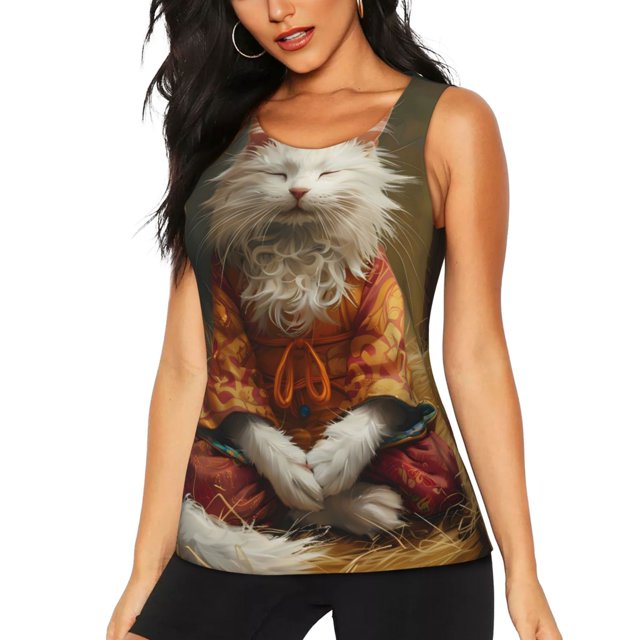 Fotbe Haystack Meditating Cat Blusas Sin Mangas para Mujer – Estilo Casual, Corte Suelto, Slim-Fit, Cuello Redondo Deportivo, Tops de Verano para Gimnasio y Yoga-XX-Large