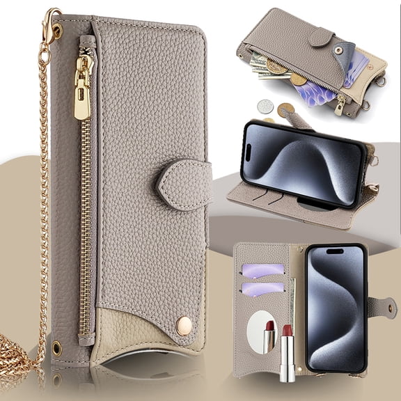 Crossbody Wallet Case for iPhone 15 Pro Max with Make-up Mirror, Detachable Chain Strap, Zipper Purse Card Slots Adjustable Kickstand, PU Leather Shockproof Full Body Cover for Women Girls, Gray