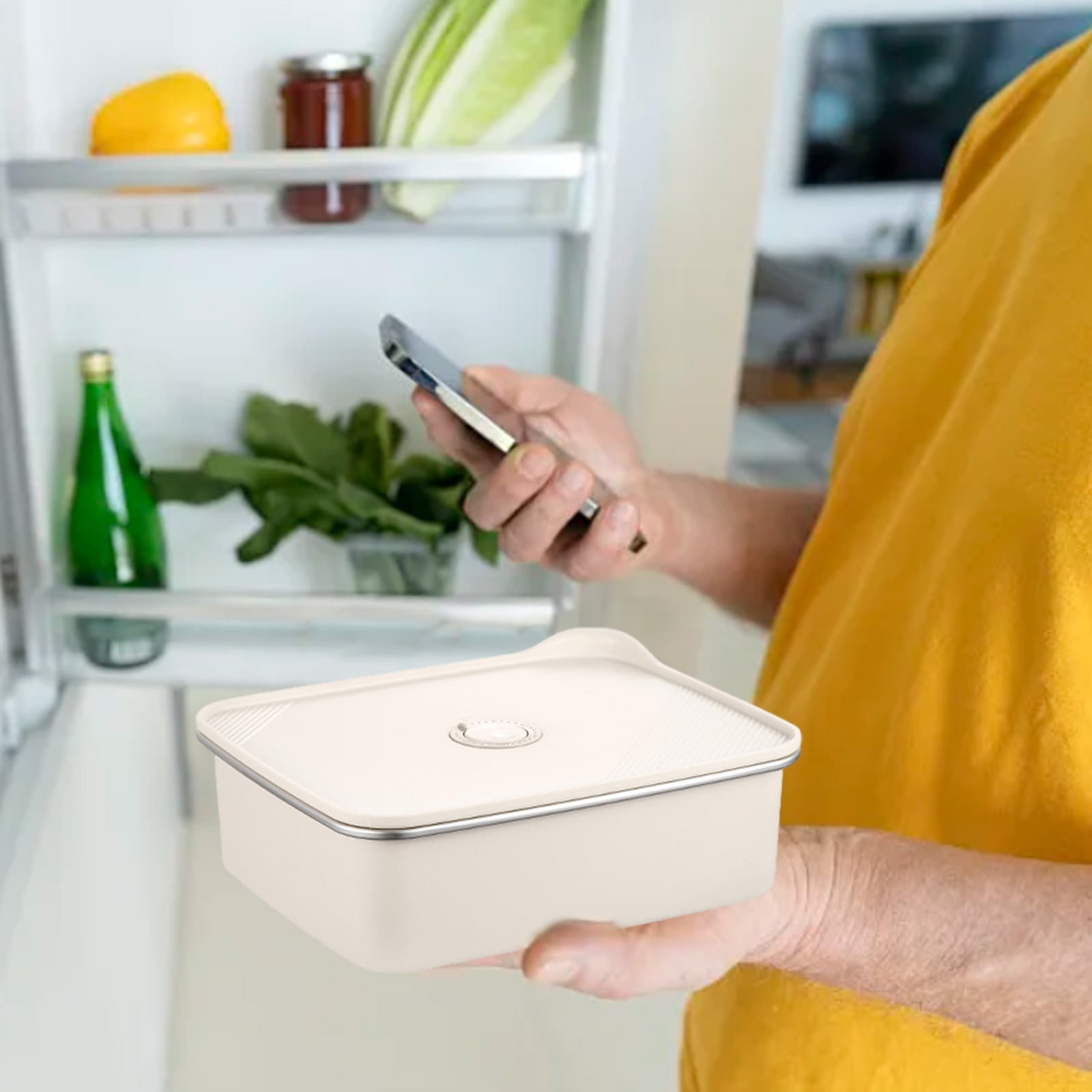 Microwaveable Stainless Steel Airtight Food Storage Container | Leak-Proof Odor-Free Lunch Box | BPA-Free 403 Steel | Stackable Bento for Meal Prep | 1 Pc | Beige | 23.5x19.1x9.6 cm