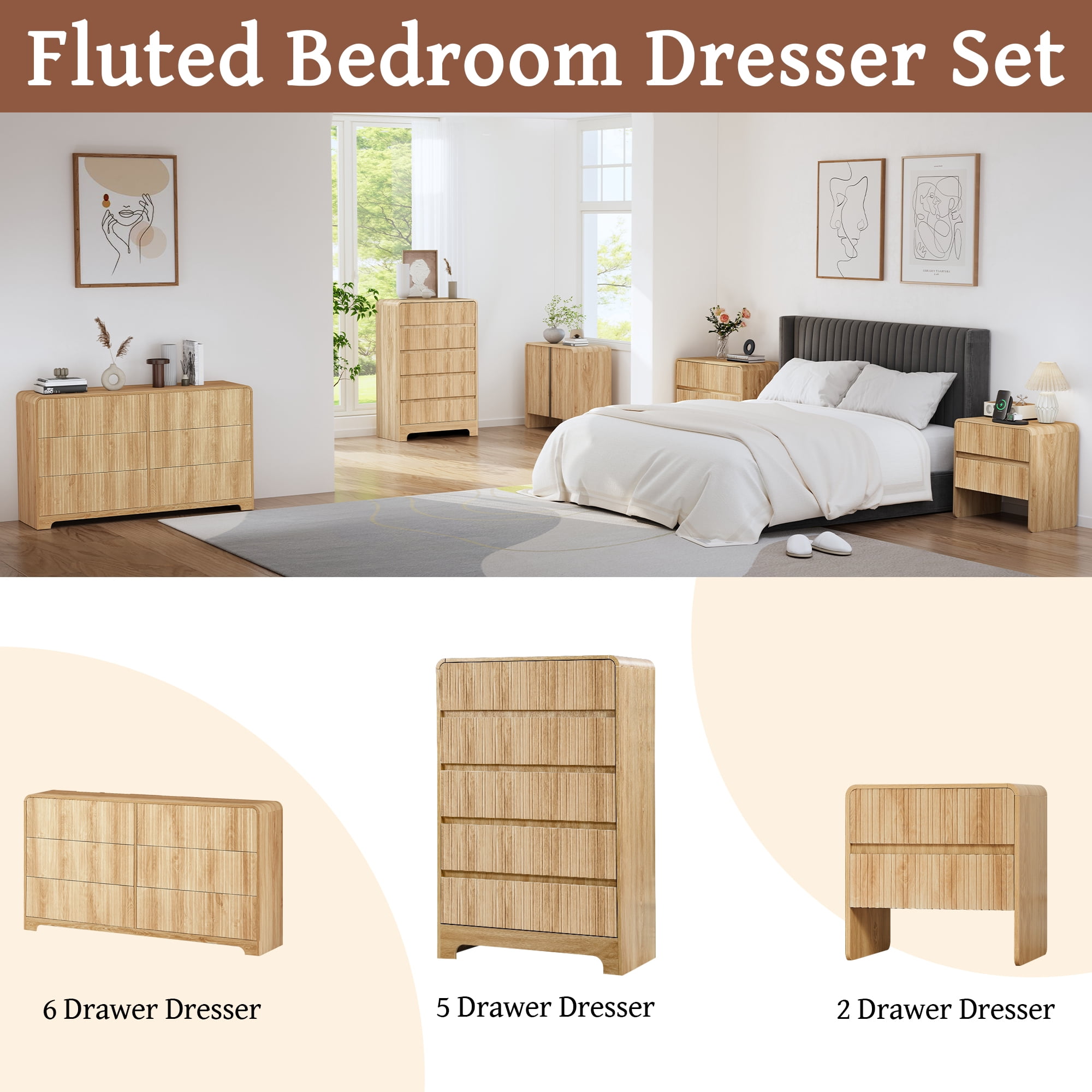 LEFHDA Fluted 5 Drawers Dresser for Bedroom, Mid Century Modern Storage Dressers, 45.3" Tall Wood Fluted Dressers Organizer for Bedroom, Living Room, Oak Set of 2