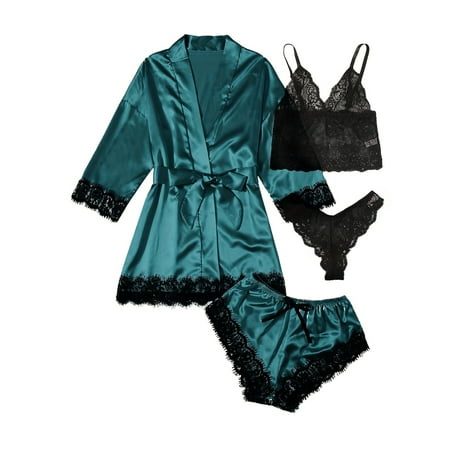LilyLLL Womens Satin Silk Sleepwear Set 4pcs Pajamas Babydoll Lace Lingerie Nightdress Bobe