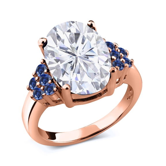 Gem Stone King 18K Rose Gold Plated Silver Blue Created Sapphire Ring Set with Moissanite (5.60 Cttw) (Size 7)