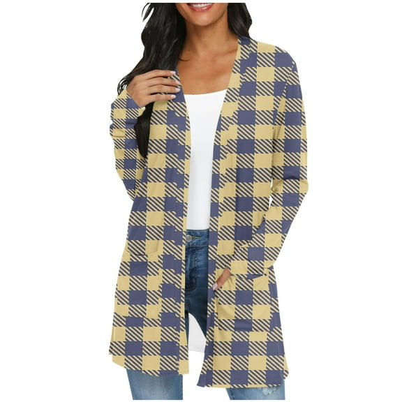 Uootdi Women's Plaid Open Front Cardigan Long Sleeve Pockets Casual Loose Fit Lightweight Fall Fashion Outerwear Trendy Checkered Print Sweater Khaki Women Top