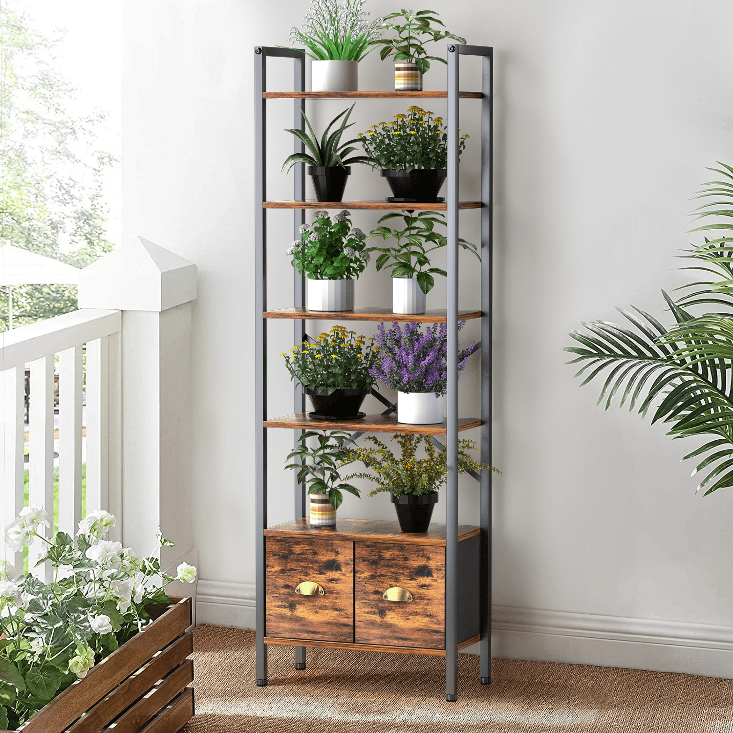 BEHOST 6-Tier Storage Rack Bookshelf with 2 Fabric Drawers, Tall Metal Frame bookcase for living room and Office, Rustic Brown