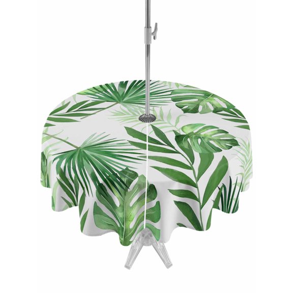 Outdoor Tablecloth with Umbrella Hole for Patio/Picnic/Party/Camping, Summer Botanical Waterproof Table Cloth Round Cover Washable, Monstera Palm Leaves Green (Dia 54")